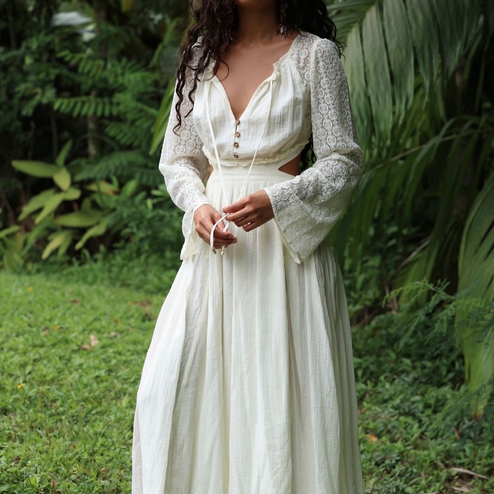 Free People Cream Lace Long Sleeve Dress